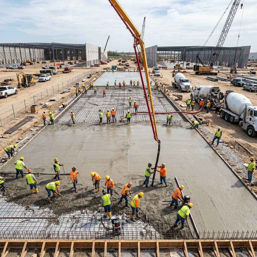 High-volume concrete placement for structural tilt-wall panels showing Putzmeister 47M boom truck fully staged