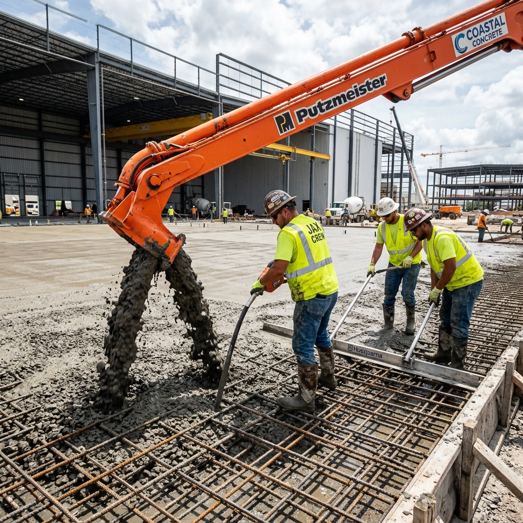 High-pressure multi-story concrete pumping operations showing pipeline standpipe routing and placer boom coordination